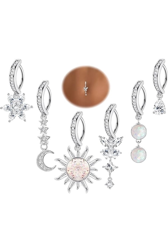 6 Pcs 14G Clicker Belly Ring Set | Minimalist Dangle, Hinge Hoop Design & Sparkling CZ/Opal Styles | Surgical Steel Navel Jewelry for Women's Daily Fashion