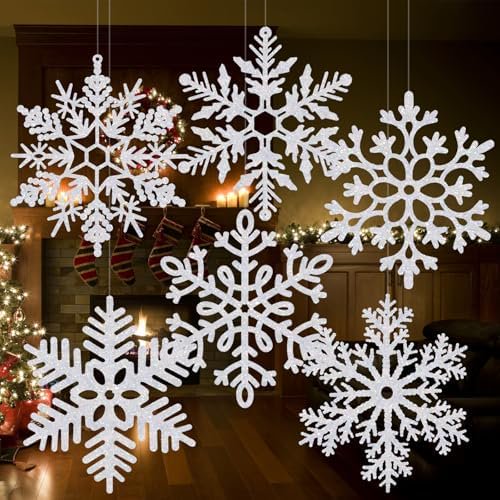 6 Pcs 15'' Large Snowflake Decorations – Giant Hanging Snowflakes, Plastic Snowflakes for Indoor & Outdoor Christmas Decor, Porch & Tree Decorations (White)