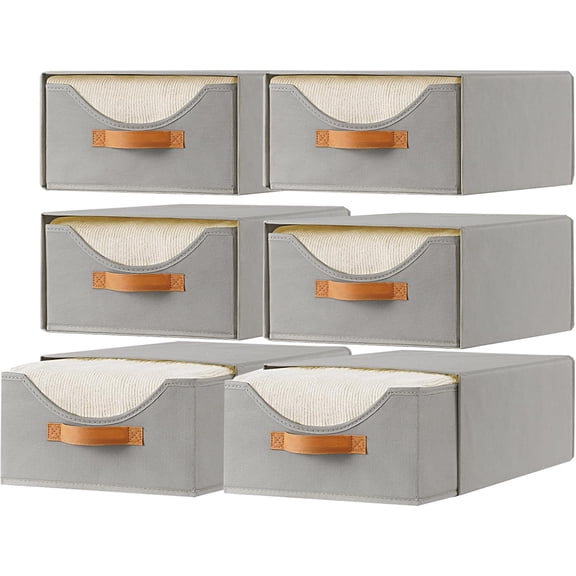 6 Pcs 16.5" Closet Drawers and Large Size Clothes Storage Bins Push-Out Storage Stackable Shelf Drawers with See-Through Window Closet Organizers for Bedroom, Living Room, Under Bed, Grey