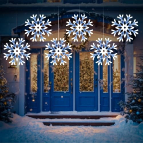 6 Pcs 16" Christmas Big Snowflake Lights Large White Snowflakes Ornaments Hanging LED Snowflake with 48 LED Lights for  Decorations Indoor Outdoor Window Home Decor