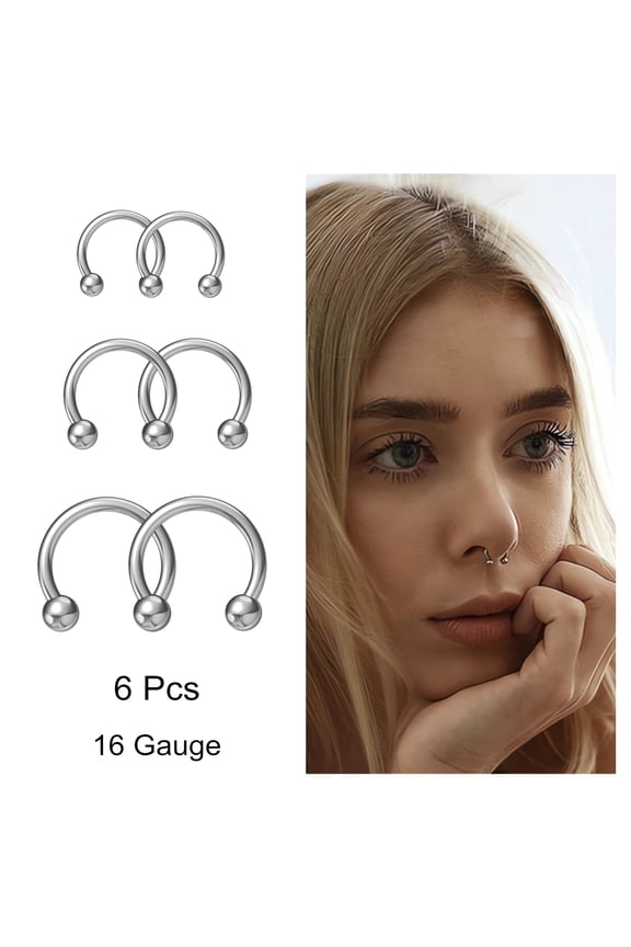 6 Pcs 16 Gauge Surgical Steel Horseshoe Septum Nose Ring Hoop Set Curved Barbell Body Piercing Jewelry for Lip Eyebrow Daith Tragus Helix Cartilage Rook Piercing