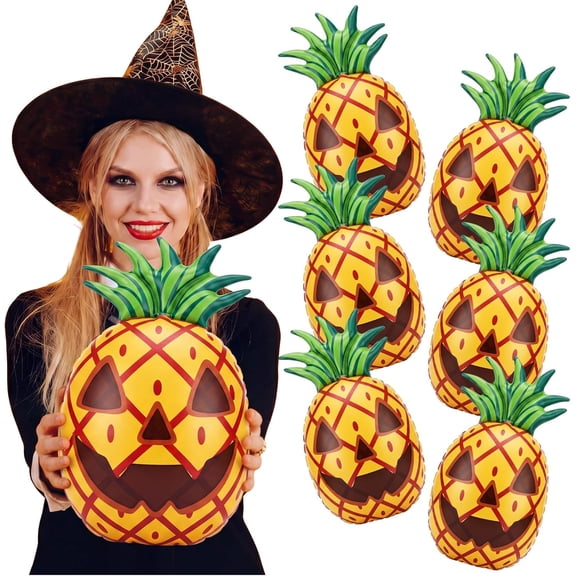 6 Pcs 16 Inch Summer Halloween Inflatable Decorations Spooky Pineapple Jack-o-lantern Beach Ball, Summerween Swimming Pool PVC Pineapple Beach Balls for Home Pool Halloween Decorations