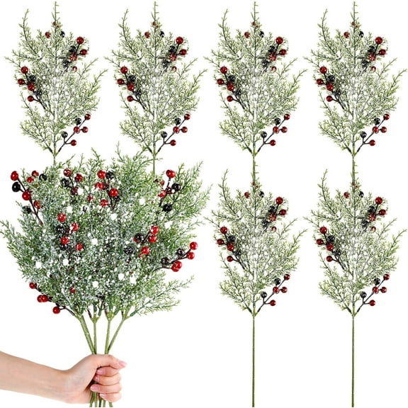 6 Pcs 19.3 In Christmas Tree Picks and Sprays Winter Snowy Holly Red Berry Stems Artificial Cedar Branches Christmas Branches Long Stems for Xmas Tree Ornaments Vase Fillers
