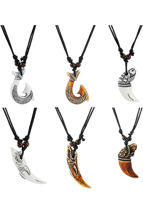6 Pcs 2 Colors Maori Fish Pendant Necklaces Fish Hook Pendant Necklaces Ocean Resin Tribal Necklaces with Adjustable Black Wax Ropes for Men Women colorful