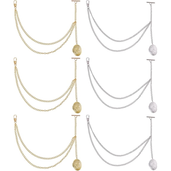 6 Pcs 2 Style Pocket Watch Chain with Locket Pendant Brass Chain for DIY Suit Corsage Pin Jewelry Gifts Clothing Accessories Platinum and Golden 13 inch Long
