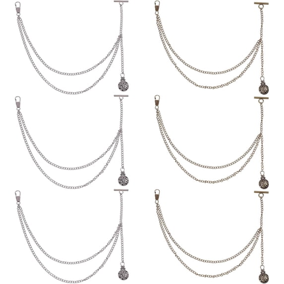 6 Pcs 2 Style Pocket Watch Chain with Locket Pendant Brass Chain for Suit Corsage Pin Jewelry Gifts Clothing Accessories Bronze and Silver 13 inch long Colorful DIY