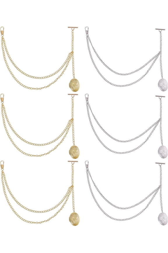 6 Pcs 2 Style Pocket Watch Chain with Locket Pendant Brass Chain for Suit Corsage Pin Jewelry Gifts Clothing Accessories Platinum and Golden 13 inch Long Black