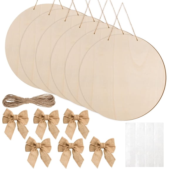 6 Pcs 20 Inch Wood Circles for Crafts Unfinished Round Wood Discs Blank Wooden Rounds Slices Round Wooden Door Hanger Signs with Bows, Twine and Glue Points for DIY Craft Holiday Decor,5 mm Thick