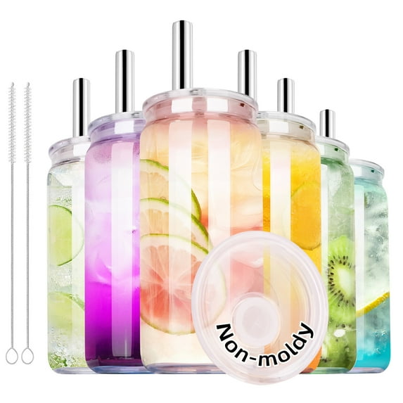 6 Pcs 20 oz Rainbow Can Shaped Drinking Glass with Acrylic Lids & Straws for Iced Coffee Boba Tea
