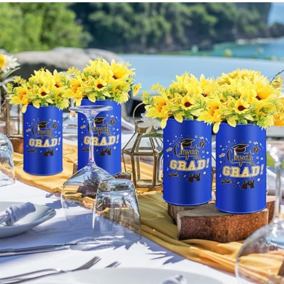 6 Pcs 2025 Graduation Table Centerpiece Vase Decorations Class of 2025 Galvanized Metal Tin Vases for Artificial Flowers Grad Caps Cutlery Utensil Holder for Party Supplies Gifts(Blue)