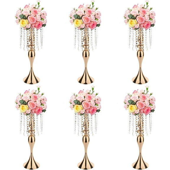 6 Pcs 21.3 Inch Tall Crystal Metal Flower Stand Wedding Lead Vases for Table Centerpieces and Reception Flower Arrangement Holders