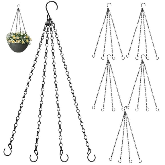 6 Pcs 23 in Hanging Basket Chain with S Hooks, Black Metal Chains for Hanging Plants, 4-Strand Design with Hooks for Flower Pots Bird Feeders Lanterns Indoor Outdoor Use