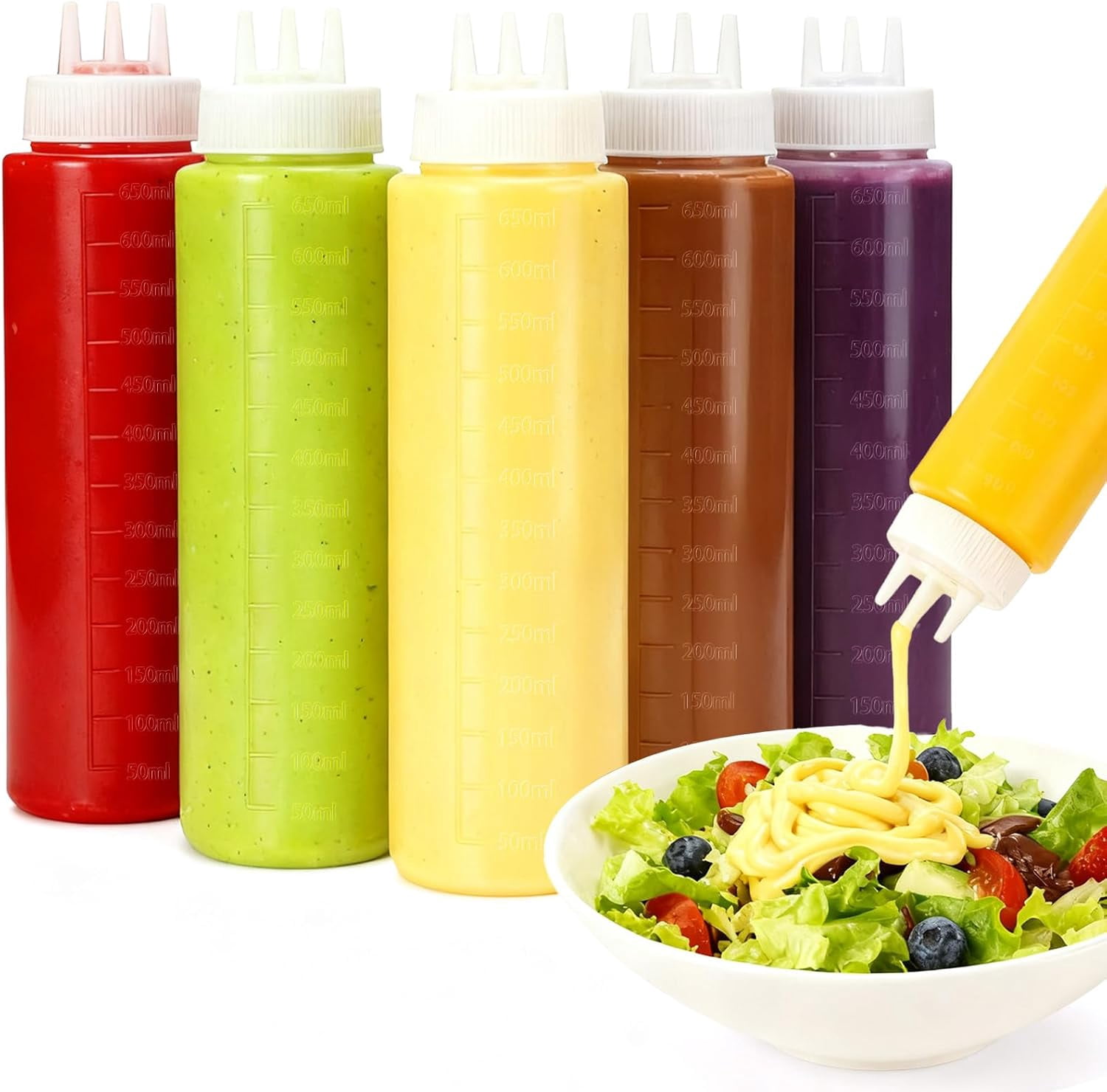 6 Pcs 23oz Plastic 3-Hole Condiment Squeeze Bottles, for Sauces Ketchup Mustard Dressing Oil Honey Syrup, White