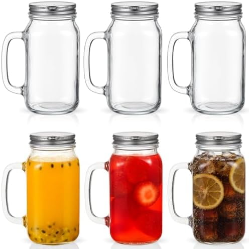 6 Pcs 24 oz Mason Jar Cups with Handle and Lids Large Mason Jar Drinking Glasses Iced Coffee Cup with Lids and Handles Glass Mugs for Party Beverages Coffee Bar Accessories Gifts (Clear)