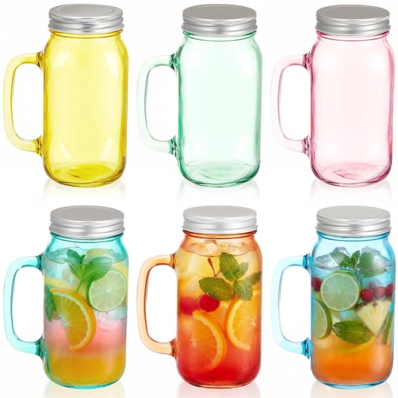 6 Pcs 24 oz Mason Jar Cups with Handle and Lids Large Mason Jar Drinking Glasses Iced Coffee Cup with Lids and Handles Glass Mugs for Party Beverages Coffee Bar Accessories Gifts (Clear)