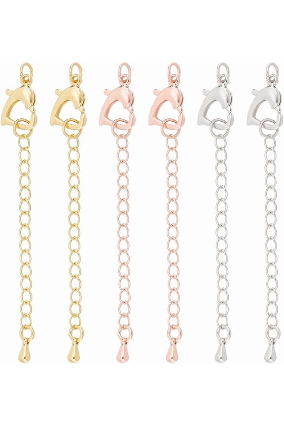 6 Pcs 3 Colors Extender Chains 2.6" Long Brass Necklace Extenders Bracelet Anklet Extension Chains with Heart Lobster Clasp and Teardrop Ends for Jewelry Making