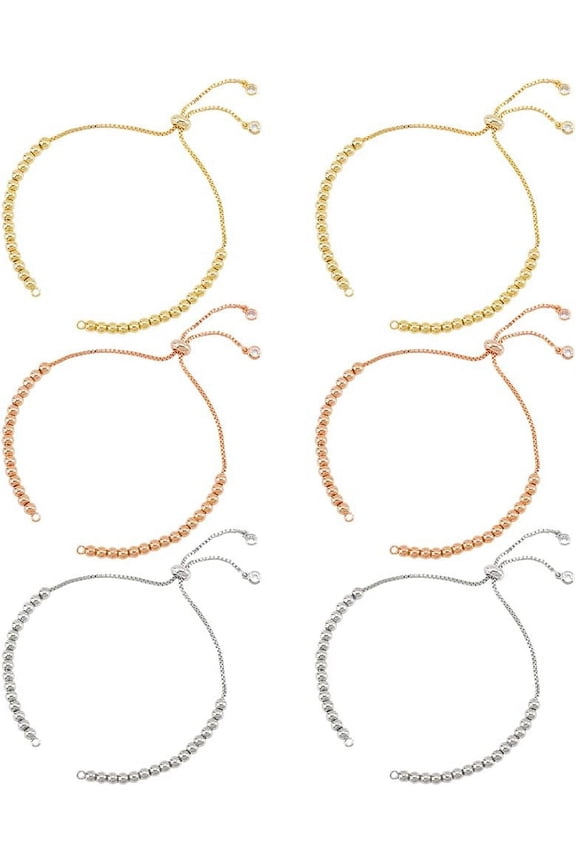 6 Pcs 3 Colors Slider Bracelets 10.55" Half Finished Adjustable Bracelets Brass Cubic Zirconia Extender Chains with Ball Ends