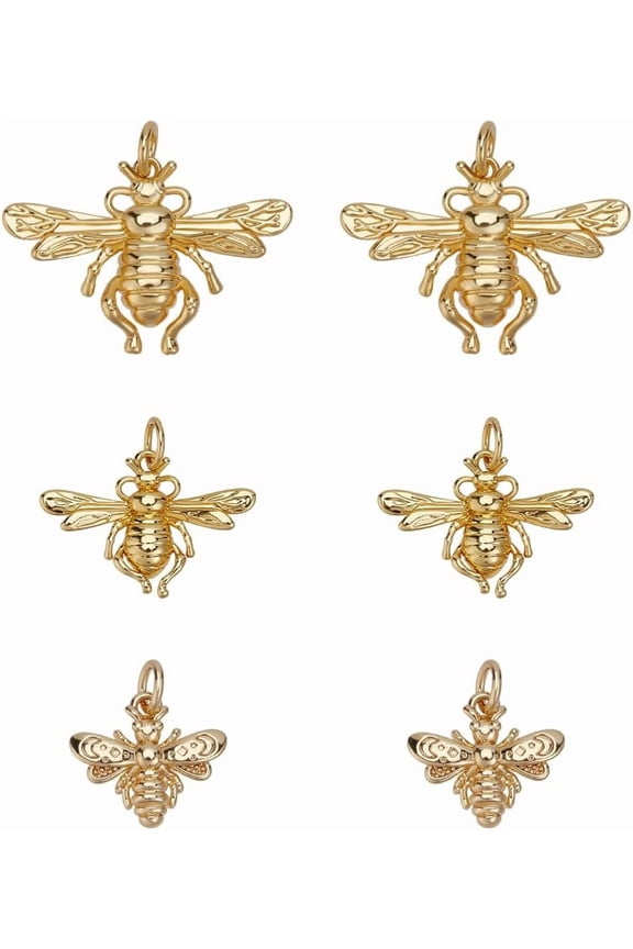 6 Pcs 3 Styles 18K Gold Plated Bee Charms Tiny Bee Brass Charms Metal Cute Honeybee Pendants with Loop