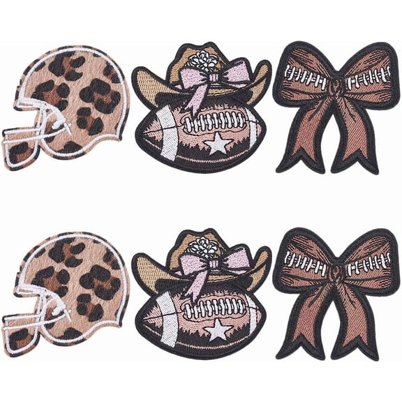 6 Pcs 3 Styles Iron on Patches Football Themed Embroidery Sew on Appliques Trendy Bowknot Women Sports Appliques