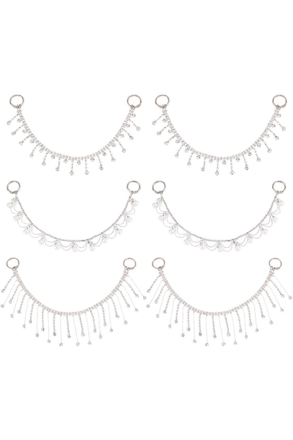 6 Pcs 3 Styles Rhinestone Shoe Chain Charms Brass Pearl Shoe Tassel Charms Shoe Decoration Pendant Shoe Charm with Hinged Rings for Birthday Gift Boots Shoe Decor Platinum Platinum