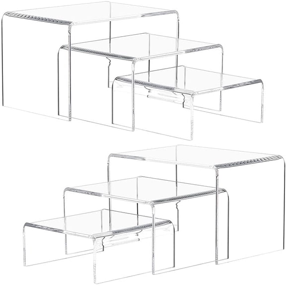 6 Pcs 3-Tier Acrylic Riser Display Shelf Set 3 Sizes Clear Riser Shelf Organizer Makeup Display Stands for Cabinet Countertop Cosmetic Figures Models Collections Showing Displaying DIY