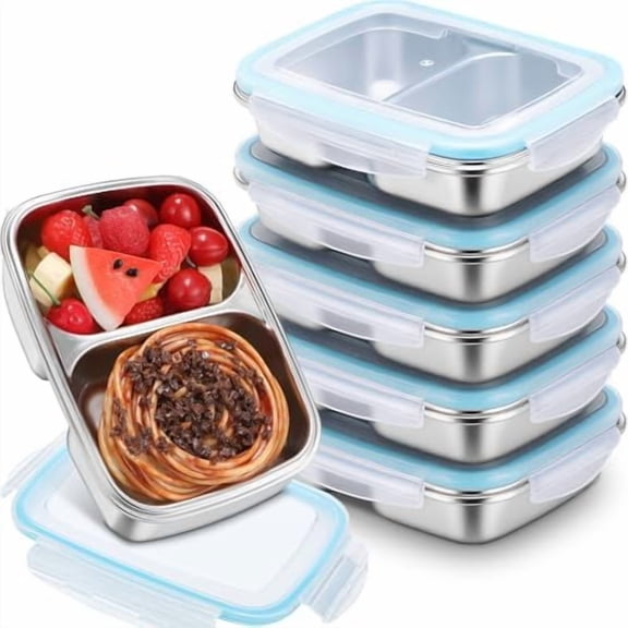 6 Pcs 304 Stainless Steel Bento Box, 30 oz Food Storage Containers Snack Boxes with Leakproof Lids Metal Divided Lunch Box Food Container Dishwasher Safe(2 Compartments)