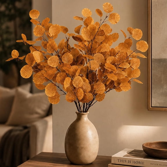 6 Pcs 35" Artificial Eucalyptus Stems Fall Decor Faux Eucalyptus Branches | Fall Artificial Eucalyptus Stems Silver Dollar Leaves Fall Decor for Home Autumn Thanksgiving Festival, Dark Brown