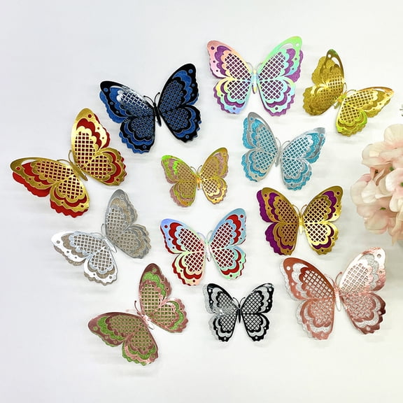 6 Pcs 3D Butterfly Wall Decor, Double Layer Wings Butterfly Decorations Removable Glitter Metallic Hollow Room Mural Art for Bedroom Living Room Party Decoration