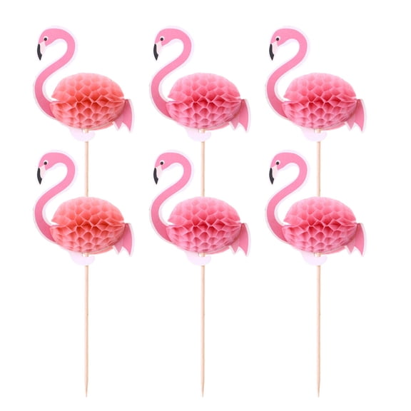 OULII Hawaiian Theme Cake Toppers Pink Paper 6Pcs 5.7X2.6X1.6in For Summer Party