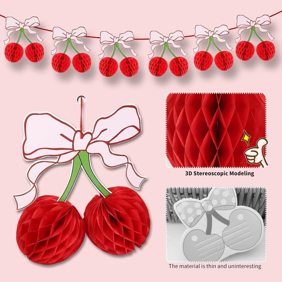 6 Pcs 3D Honeycomb Cherry Decorations - Large Cherry Centerpiece Table Decor, Bow-Adorned Honeycomb Cherries for Baby Shower Birthday Party Supplies (Red)