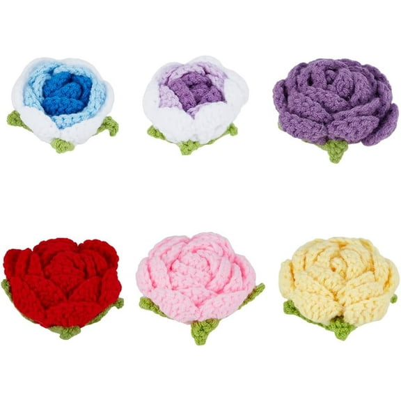 6 Pcs 3D Rose Crochet Flower 6 Colors Crochet Flowers Applique Handmade Rose Knitted Yarn Knitting Floral Patch 3D Floral Sew On Patches for DIY Clothes Wedding Party Craft Silver