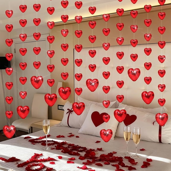 6 Pcs 4.9 ft Valentines Decorations Red Disco Heart Garland Mirror 3D Heart Garland Hanging Banner Backdrop for Valentines Wedding Anniversary Birthday Bridal Shower Party Reflective Decor
