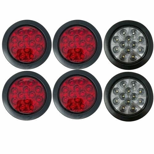 All Star Truck Parts 4" Inch Round Led Trailer Tail Lights Kit Red 12 LED Waterproof 2x Red +2x White