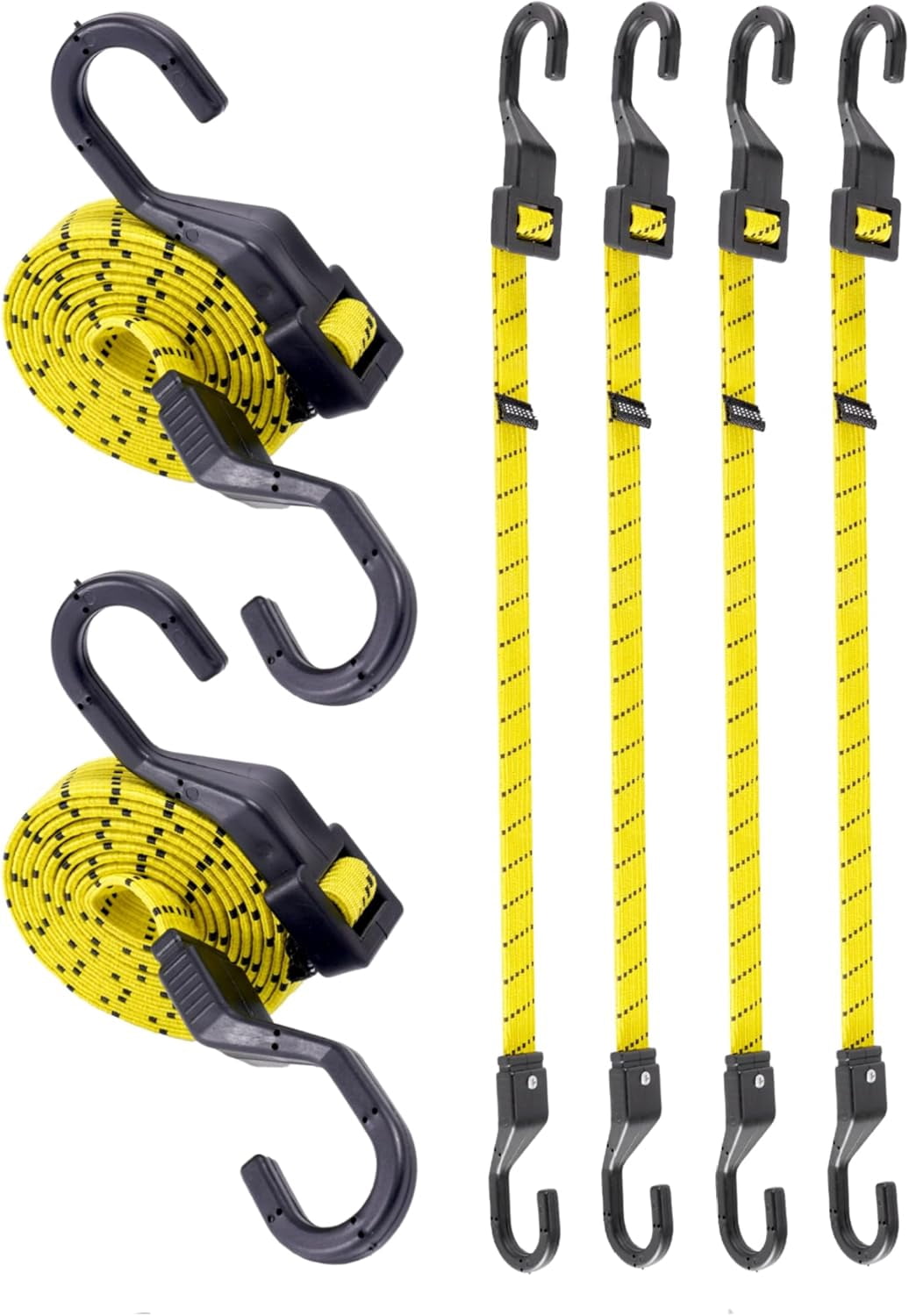 6 Pcs 48 Inch Flat Adjustable Bungee Cords with Hooks 3X Faster to Adjust The Length Lucky Straps Black/Yellow Heavy Duty for Cargo Bike Cart Tent Truck Camping Outdoor etc