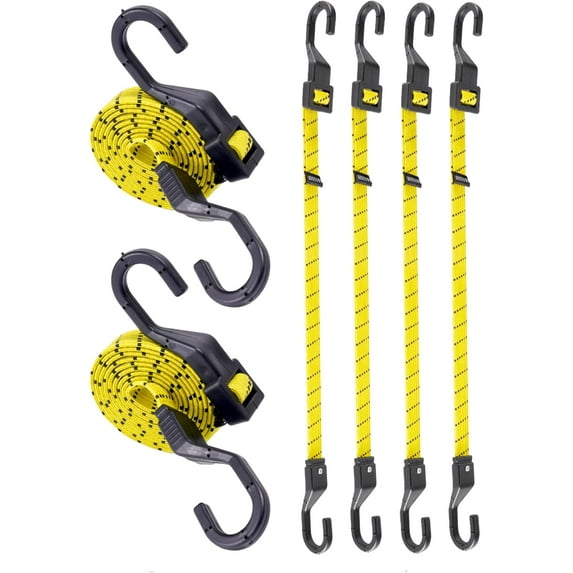 6 Pcs 48 Inch Flat Adjustable Bungee Cords with Hooks, 3X Faster to Adjust The Length, Lucky Straps Black/Yellow Heavy Duty Bungee Straps for Cargo, Bike, Cart, Tent, Truck, Camping, Outdoor, etc