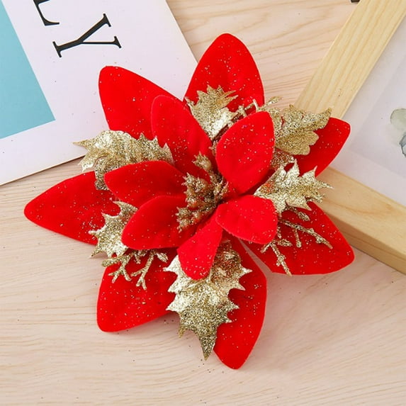 6 Pcs 5.5" Glitter Poinsettia Artificial Christmas Flowers with Clips Stems, Decorations Tree Flower for Valentines Day New Year Wedding Party Xmas Tree Ornament Wreath Decoration Red-Silver