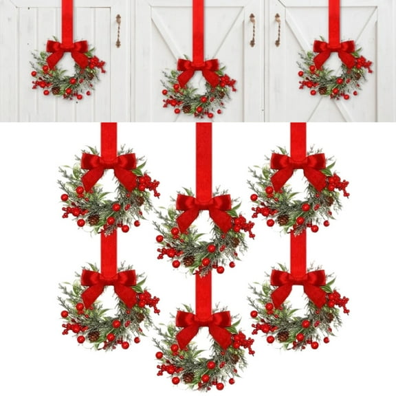 6 Pcs 5" Christmas Mini Cabinet Wreaths for Kitchen with Ribbon Bows Red Berry Small Window Wreath for Window Door Farmhouse Christmas Party Decorations