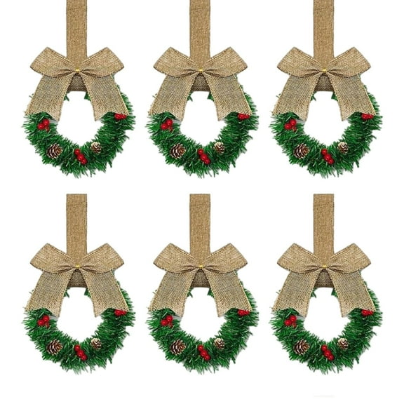 6 Pcs 5" Christmas Mini Cabinet Wreaths with Ribbon Bows Red Berry Artificial Small Kitchen Wreath for Window Front Door Farmhouse Wall Xmas Decorations
