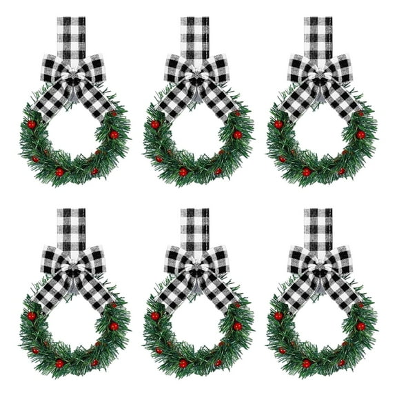6 Pcs 5" Small Christmas Kitchen Cabinet Wreaths with Plaid Bow Ribbon Mini Hanging Christmas Wreath Artificial Greenery Wreath for Front Door Porch Wall Window