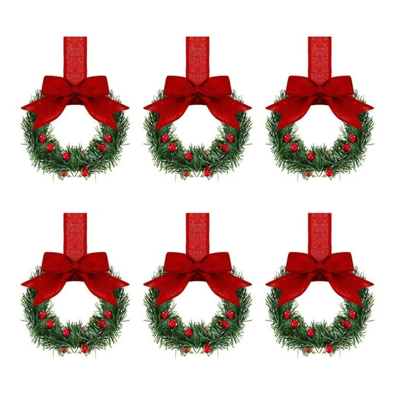 6 Pcs 5" Small Christmas Kitchen Cabinet Wreaths with Plaid Bow Ribbon Mini Hanging Christmas Wreath Artificial Greenery Wreath for Front Door Porch Wall Window