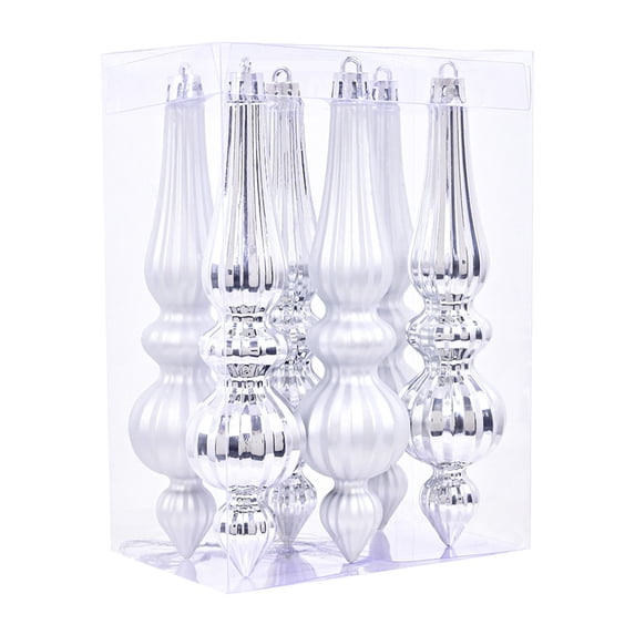 6 Pcs 6.7" Finial Drop Christmas Ornament Hanging Teardrop Ornament, Plastic Shatterproof Decor Shiny Matte Glitter Sequin for Xmas Tree Pendants Winter Holiday Party Supply,Silver