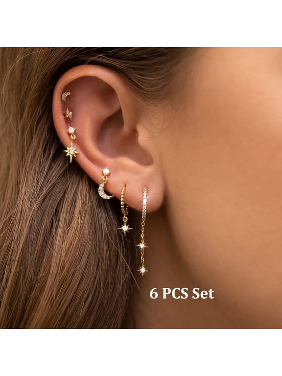 6 Pcs/6 Pairs Hypoallergenic Stud Post 14K Gold Plated Earrings for Women Moon Star Hoop Stackable Cubic Zirconia Chain Dangle Earring Set Stacks for Multiple Piercings
