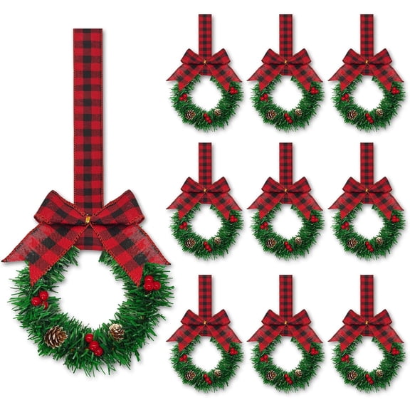 6 Pcs 6" Small Christmas Kitchen Cabinet Wreaths with Ribbon Mini Kitchen Cabinet Christmas Decor for Window Door