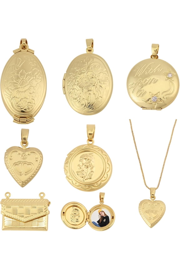 6 Pcs 6 Style Photo Frame Charm Brass Locket Pendants Memory Locket Charms Picture Locket Pendant Charms for Necklace Jewelry Making Gold DIY
