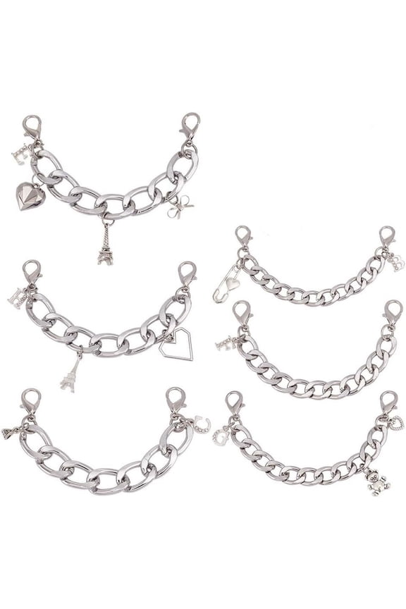 6 Pcs 6 Styles Aluminum Letter Shoe Chains Heart Bear Shoe Charms Shoe Decoration Pendant Tower Shoe Charm with Alloy Lobster Claw Clasps for Birthday Gift Shoe Decor Platinum