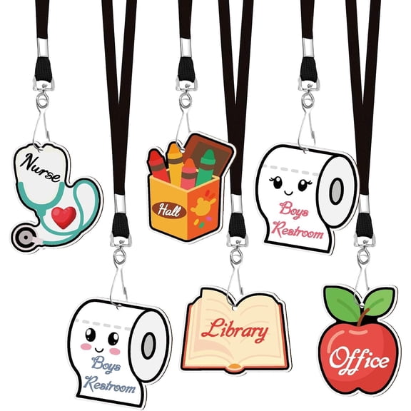 6 Pcs 6 Styles Bathroom Office Passes School Passes with Lanyard Cartoon Pattern Classroom Restroom Nurse Library Hall Wooden Slips