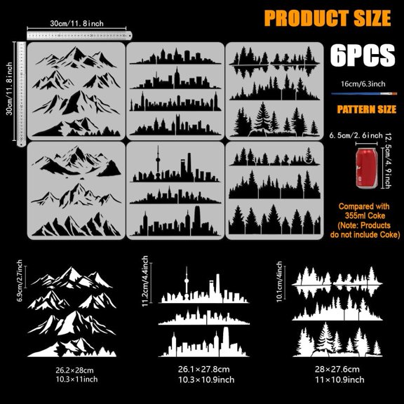 6 Pcs 6 Styles City Forest Mountain Painting Landscapes Template with Brush 11.8x11.8inch City Skyline Stencil Reusable DIY Art and Craft Stencil for Painting Home Wall Decor