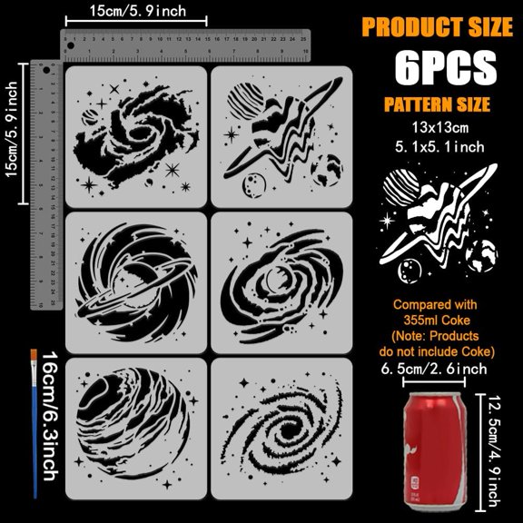 6 Pcs 6 Styles Outer Space Galaxy Drawing Painting Template with Brush 5.9x5.9inch Space Painting Template Celestial Painting Stencils Reusable DIY Art Craft Stencil for Wood Floor Wall