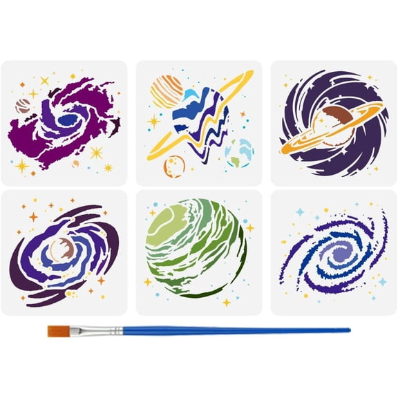 6 Pcs 6 Styles Outer Space Galaxy Drawing Painting Template with Brush 5.9x5.9inch Space Painting Template Celestial Painting Stencils Reusable DIY Art Craft Stencil