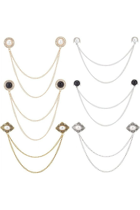 6 Pcs 6 Styles Sweater Chain Clips Alloy Pearl Shawl Clips Collar Holders Decorations Mixed Color Cardigan Clip Collar Pins Dress Sweater Collar Brooch for Women Gifts for DIY